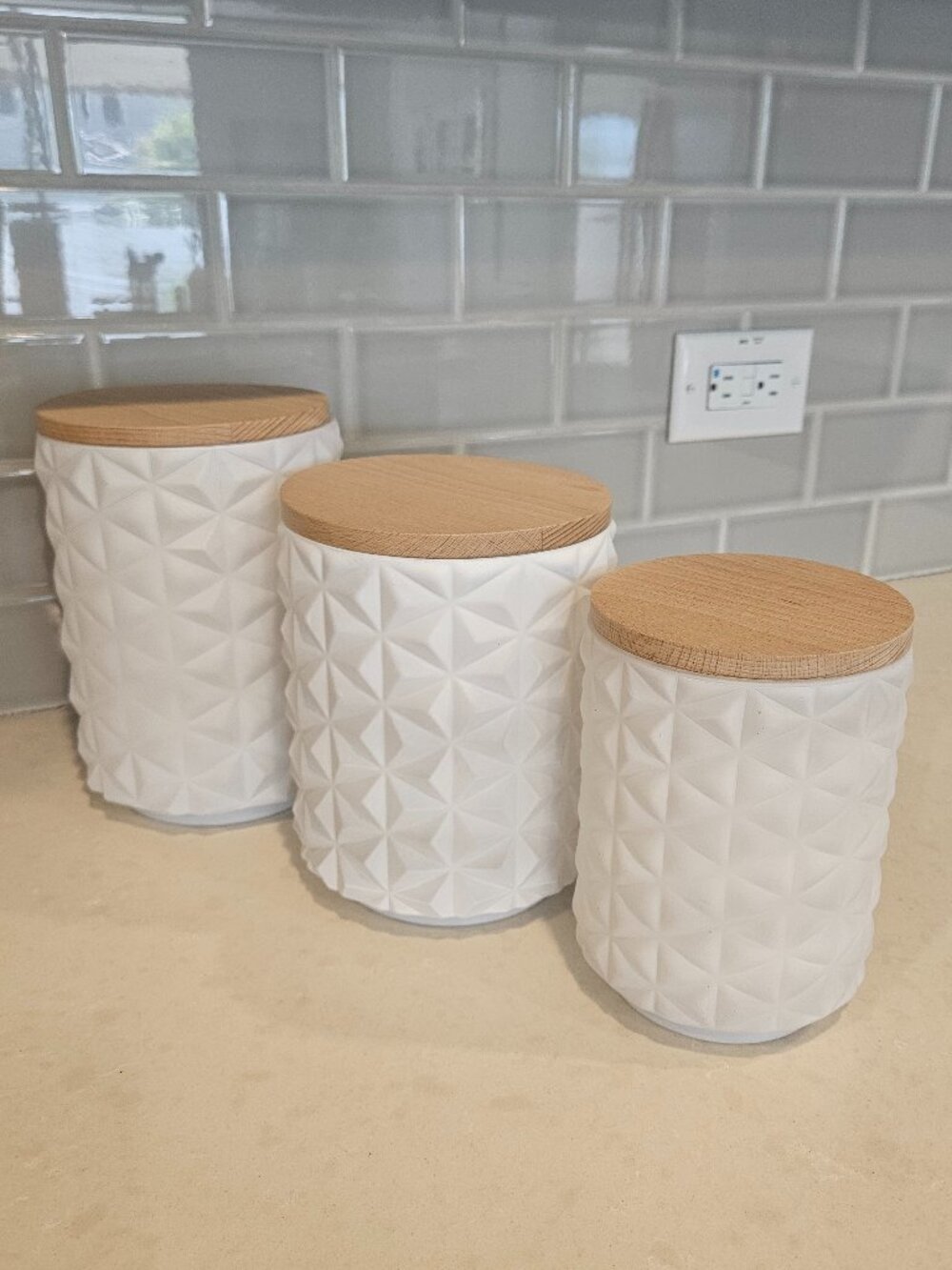 Hobby Lobby Decorative Geometric Countertop Set of 3 Food Canisters - White/Wood